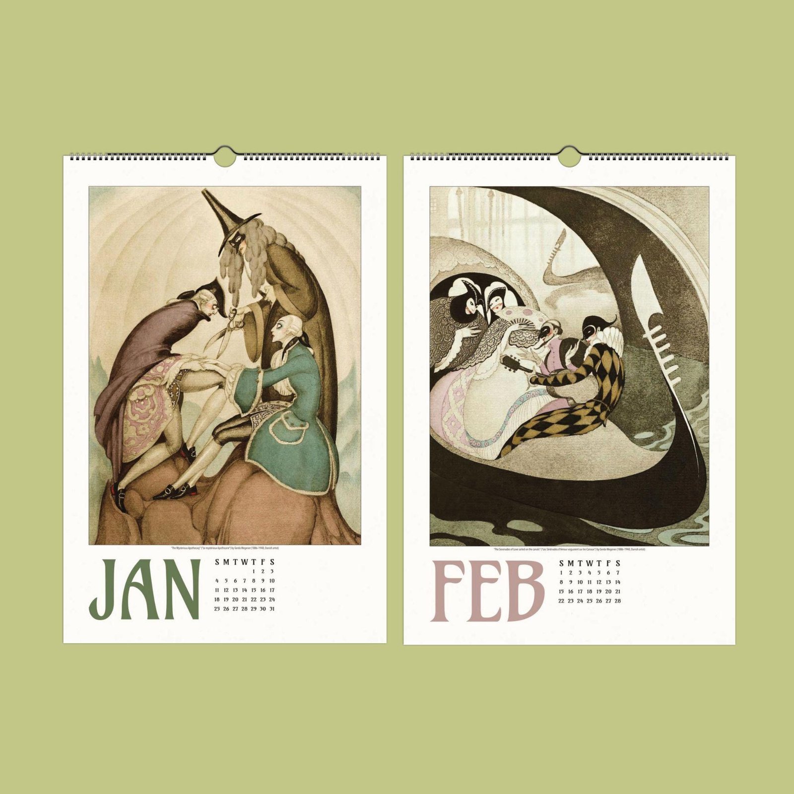 Illustrated calendar pages for January and February.