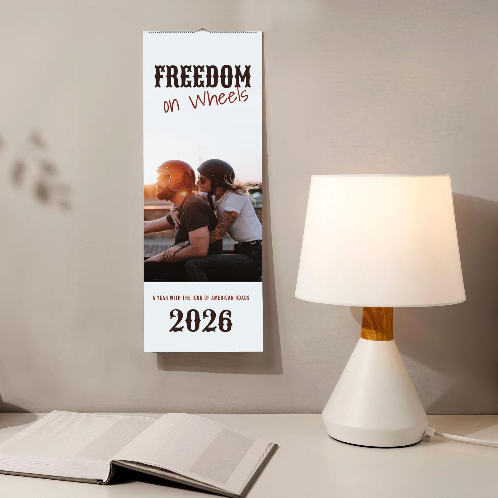 2026 calendar with bikers theme on wall