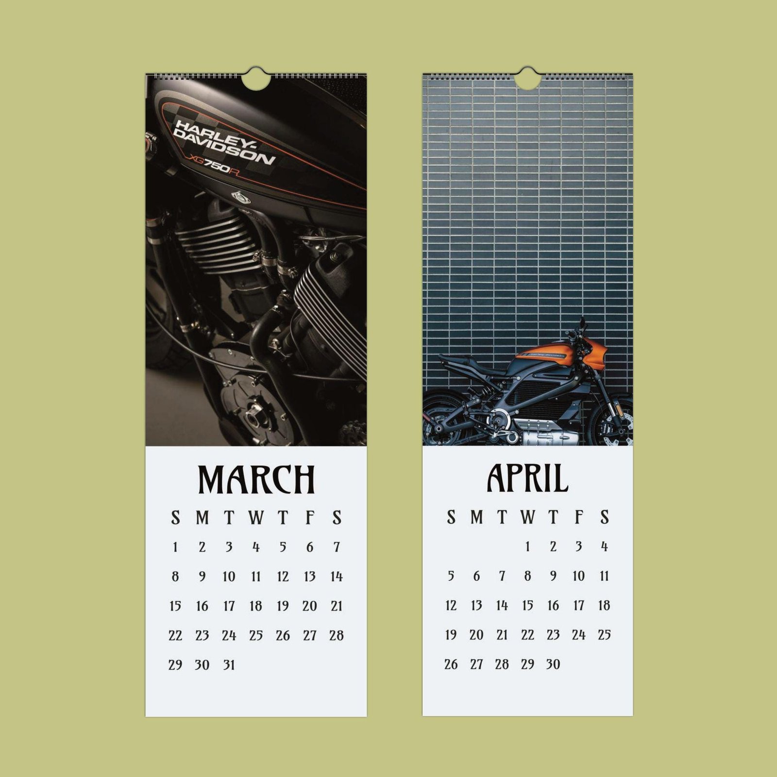 Motorcycle-themed calendar for March and April