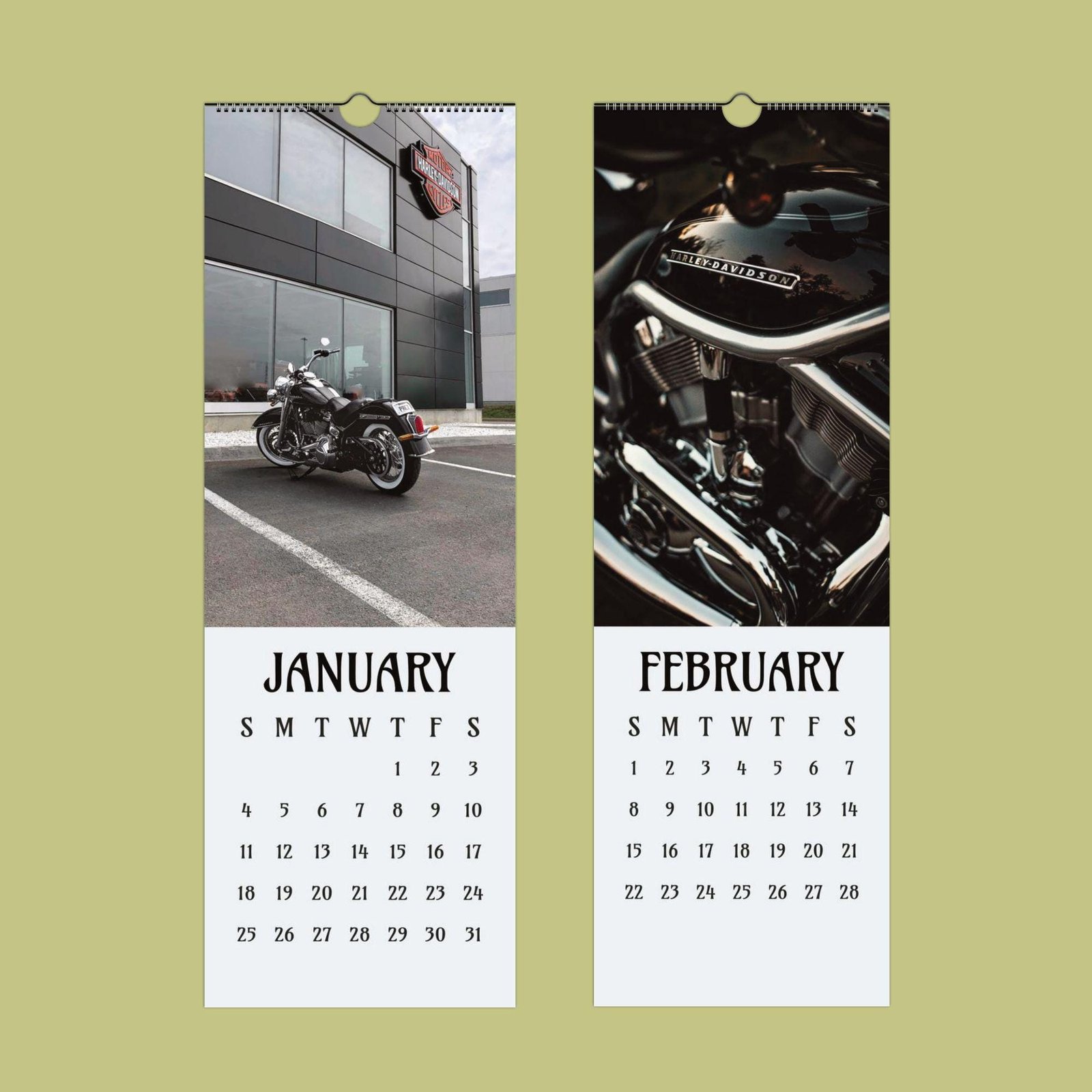 Motorcycle-themed calendar, January and February pages.