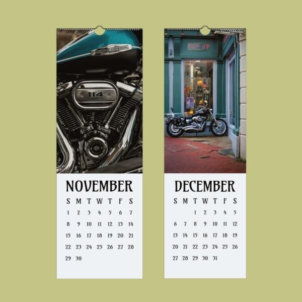 Motorcycle-themed calendar pages for November and December.