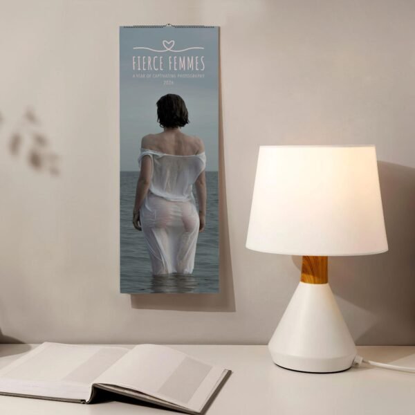 Calendar with ocean photo and table lamp