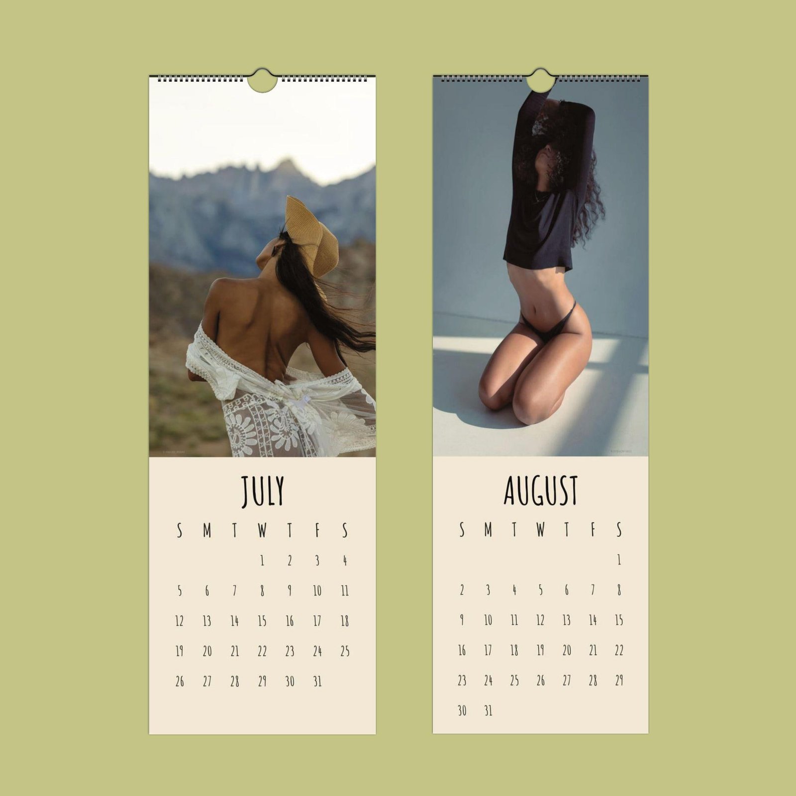 July and August calendar pages with models pose.