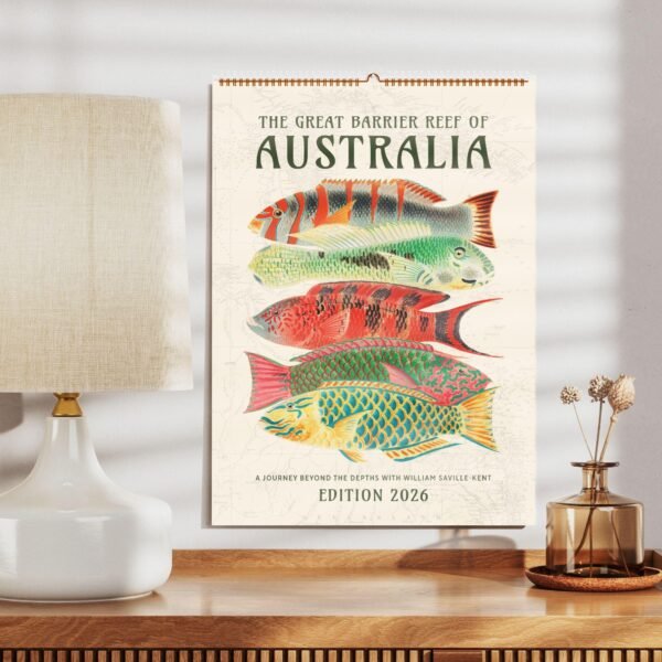 2026 Australia fish calendar on wooden shelf