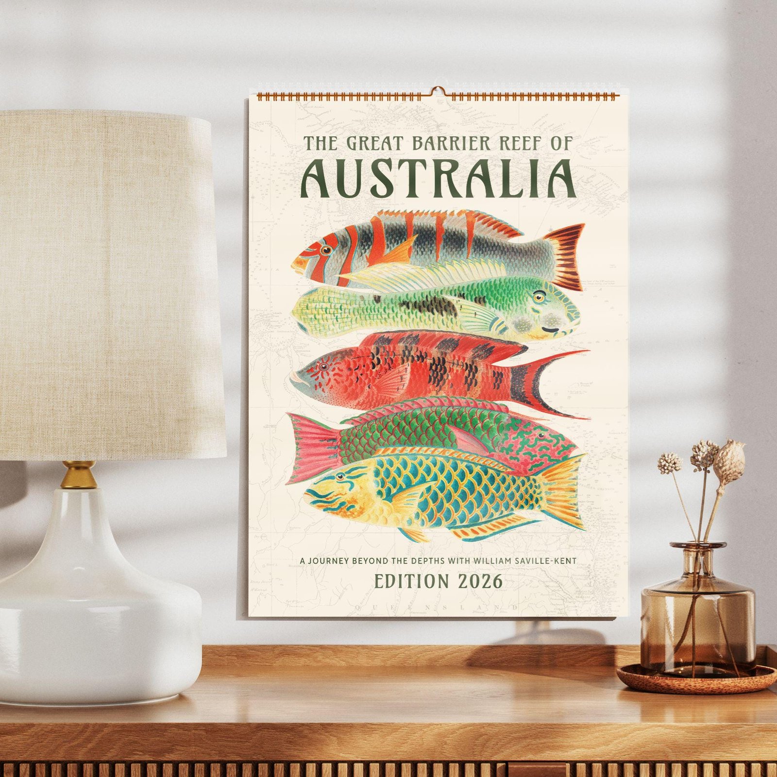 2026 Australia fish calendar on wooden shelf