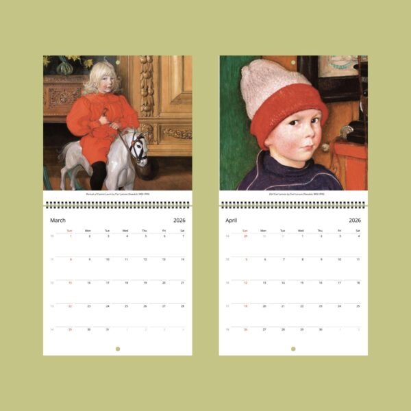 2026 March April calendar with portrait illustrations