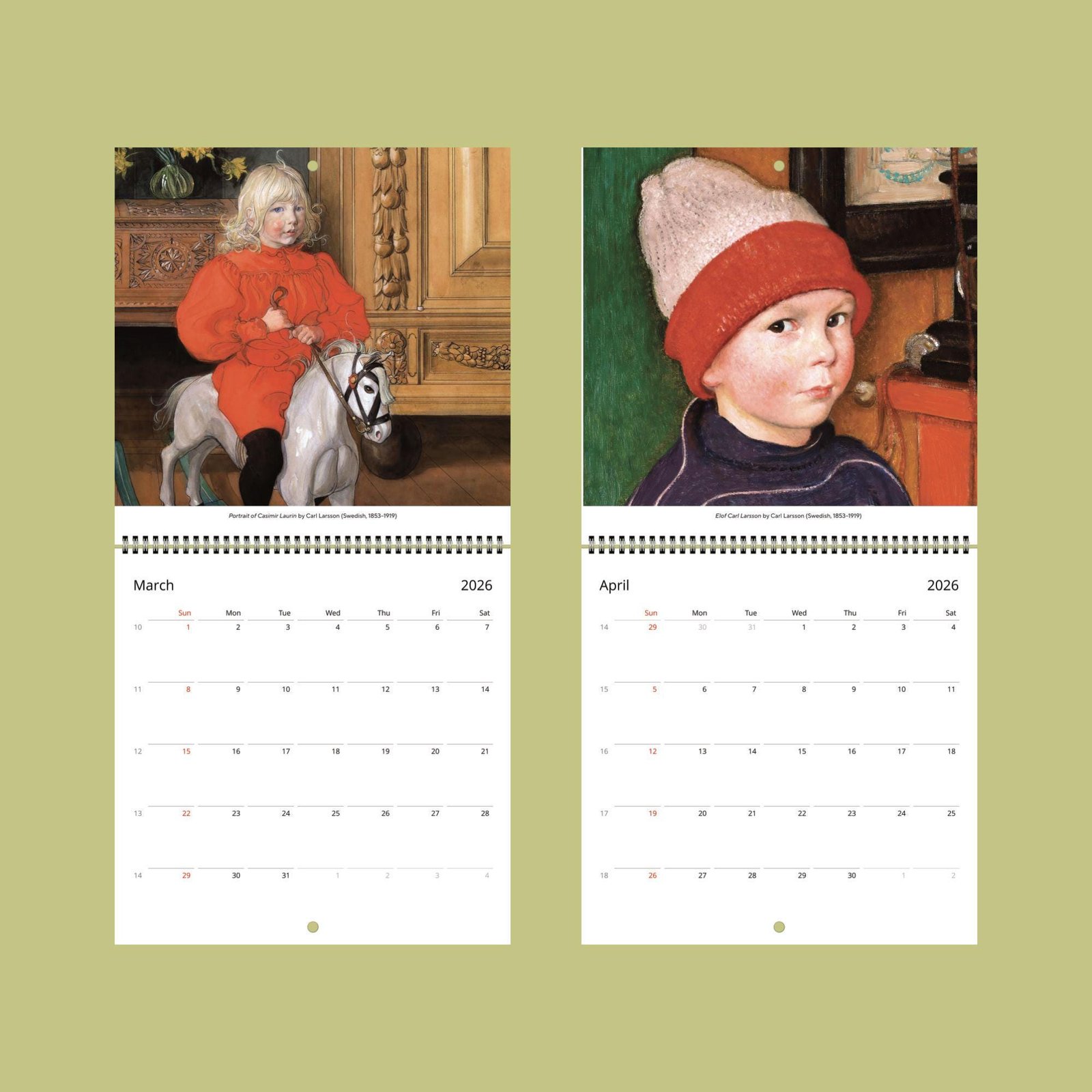 2026 March April calendar with portrait illustrations