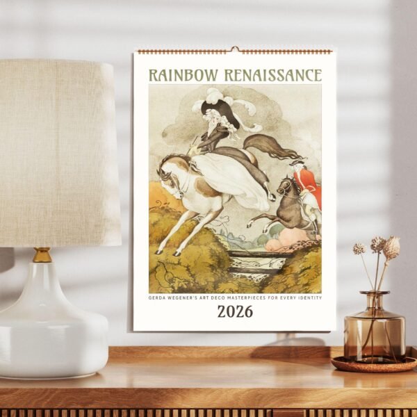 Art Deco calendar 2026 on a wooden shelf.