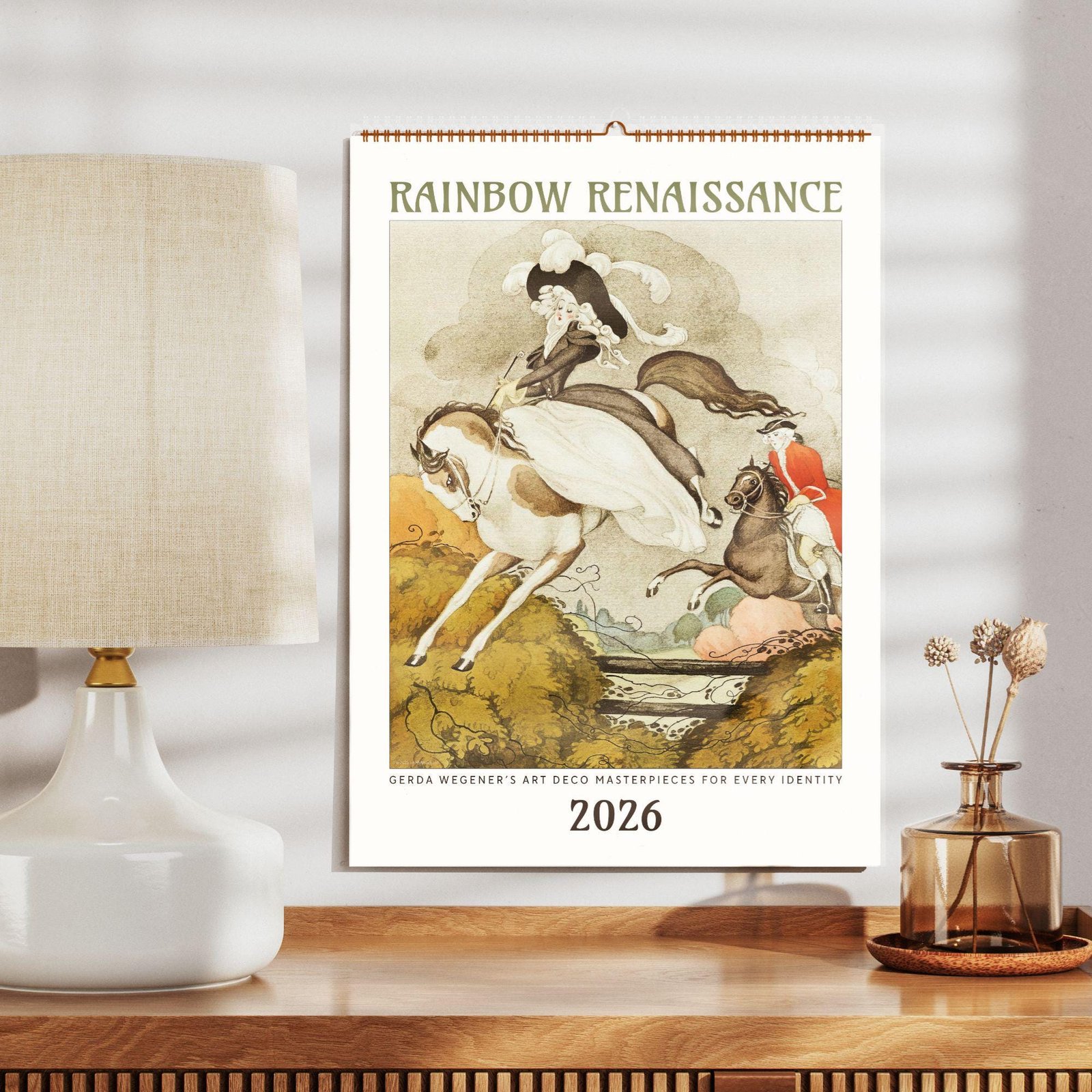 Art Deco calendar 2026 on a wooden shelf.