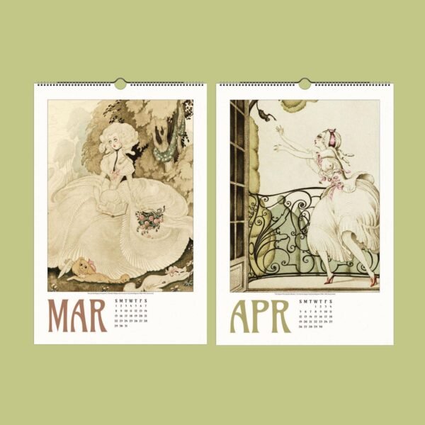 Vintage calendar art for March and April.