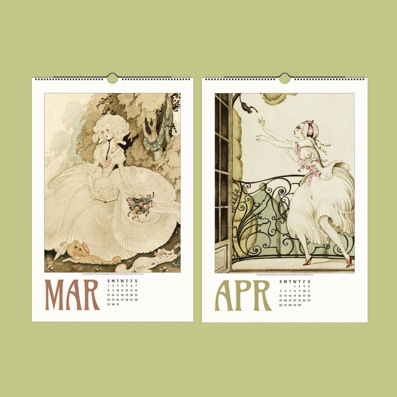 Vintage calendar art for March and April.