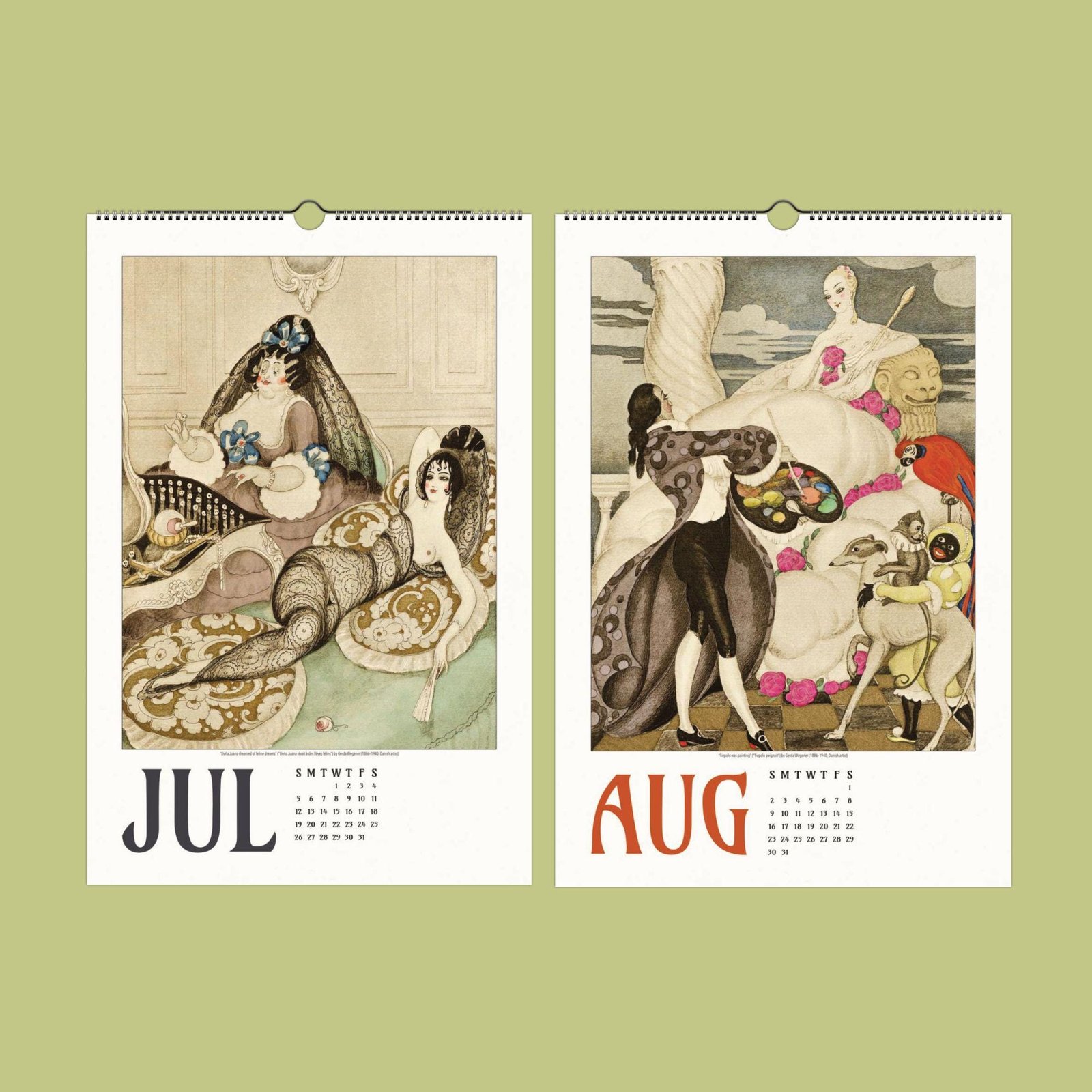 Vintage July and August calendar illustrations.
