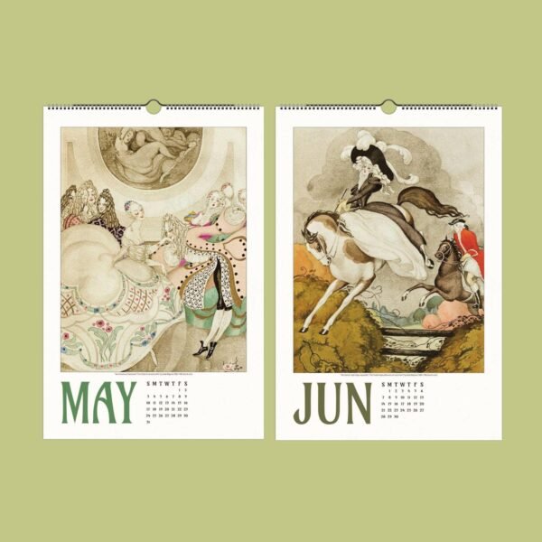 Vintage May and June calendar art illustration.