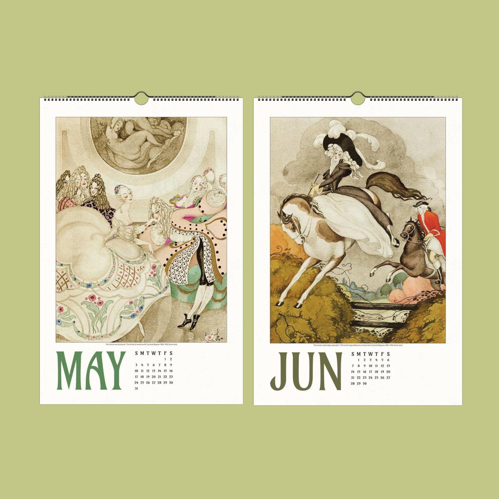 Vintage May and June calendar art illustration.