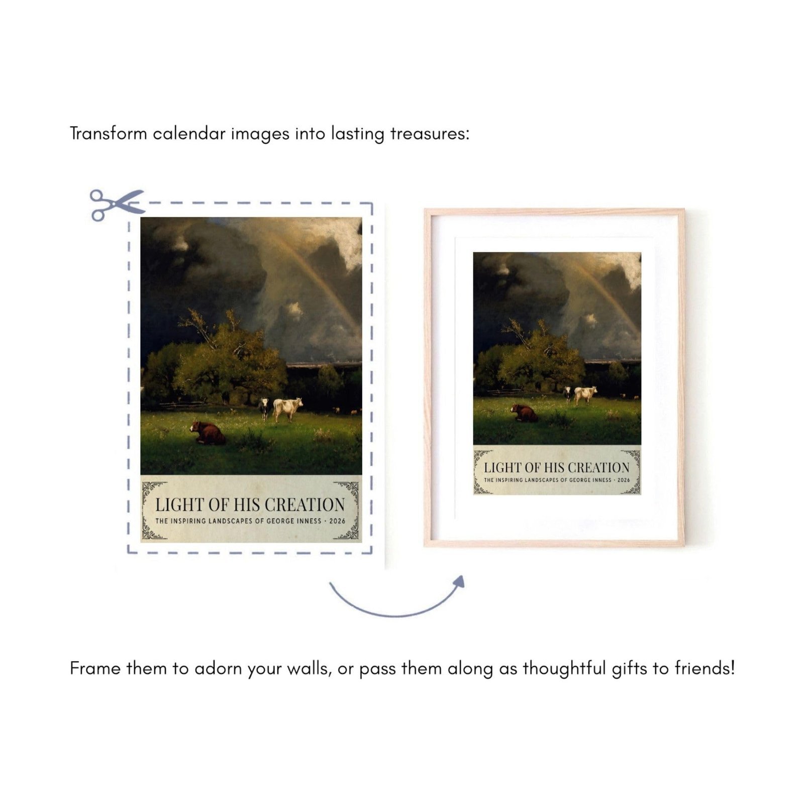 Framed landscape painting with cows under stormy sky.