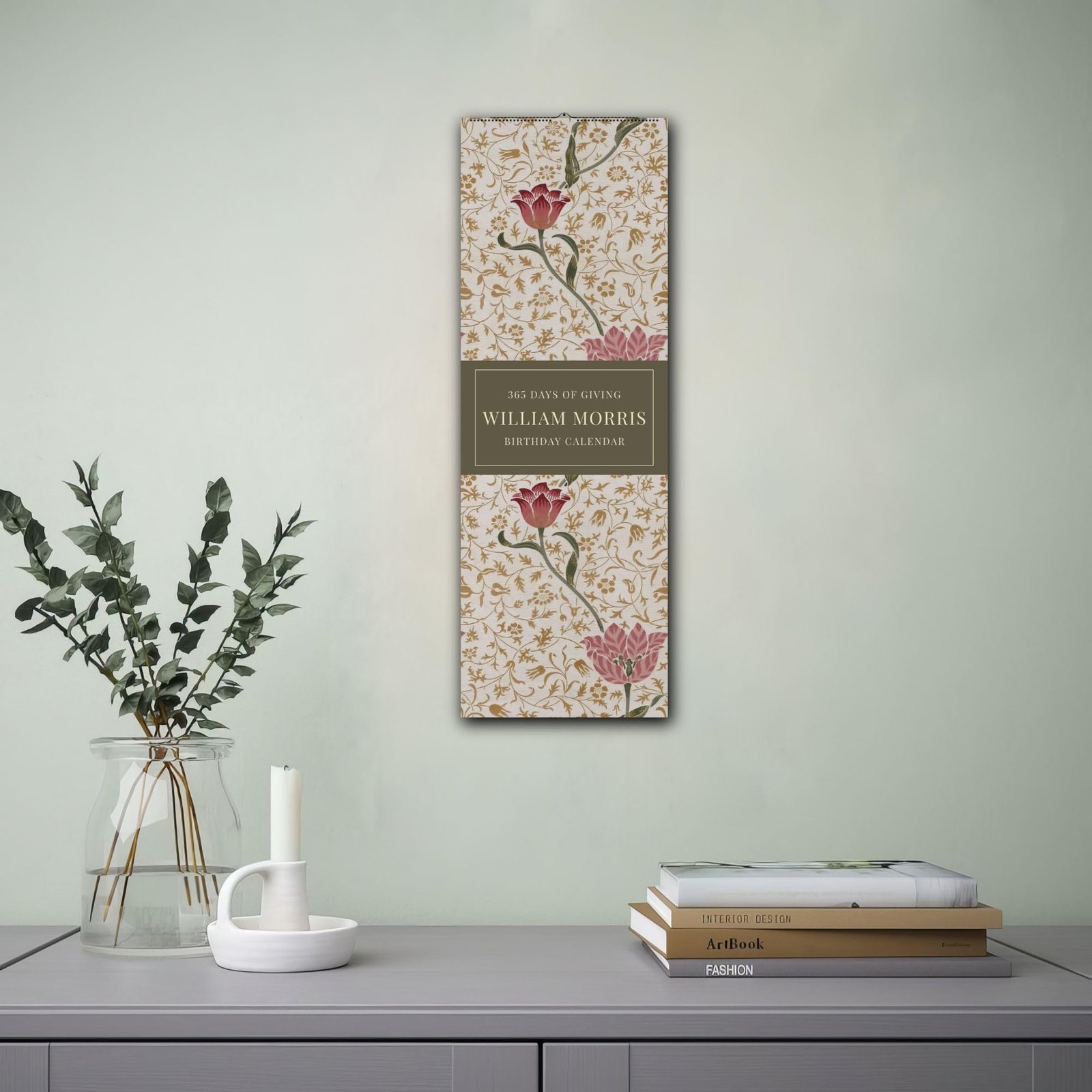 William Morris floral birthday calendar on wall.