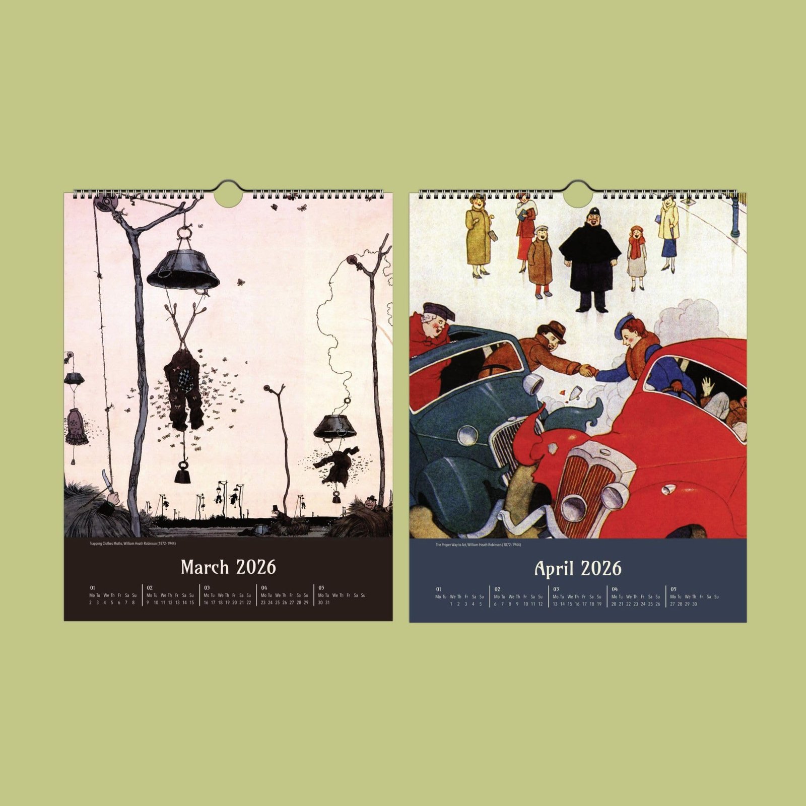 Surreal art calendar pages for March and April 2026.