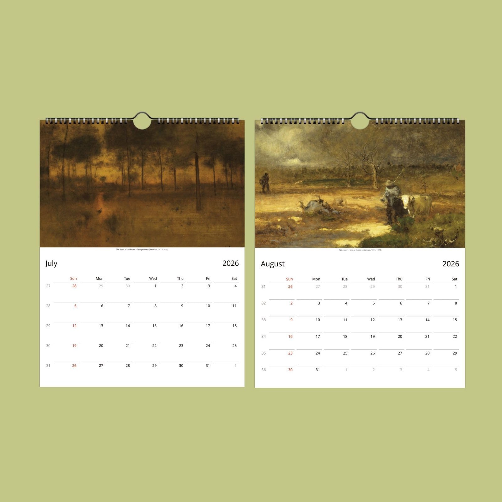 2026 calendar pages with landscape paintings, July-August.