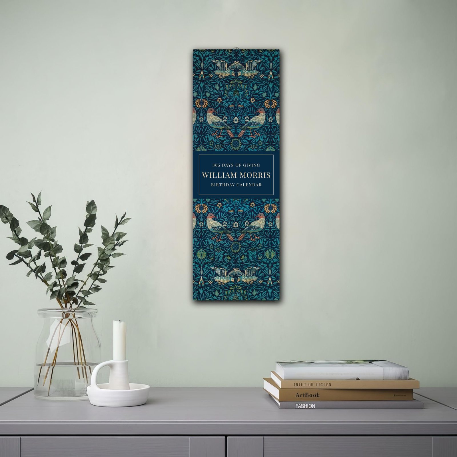 William Morris birthday calendar on modern wall.