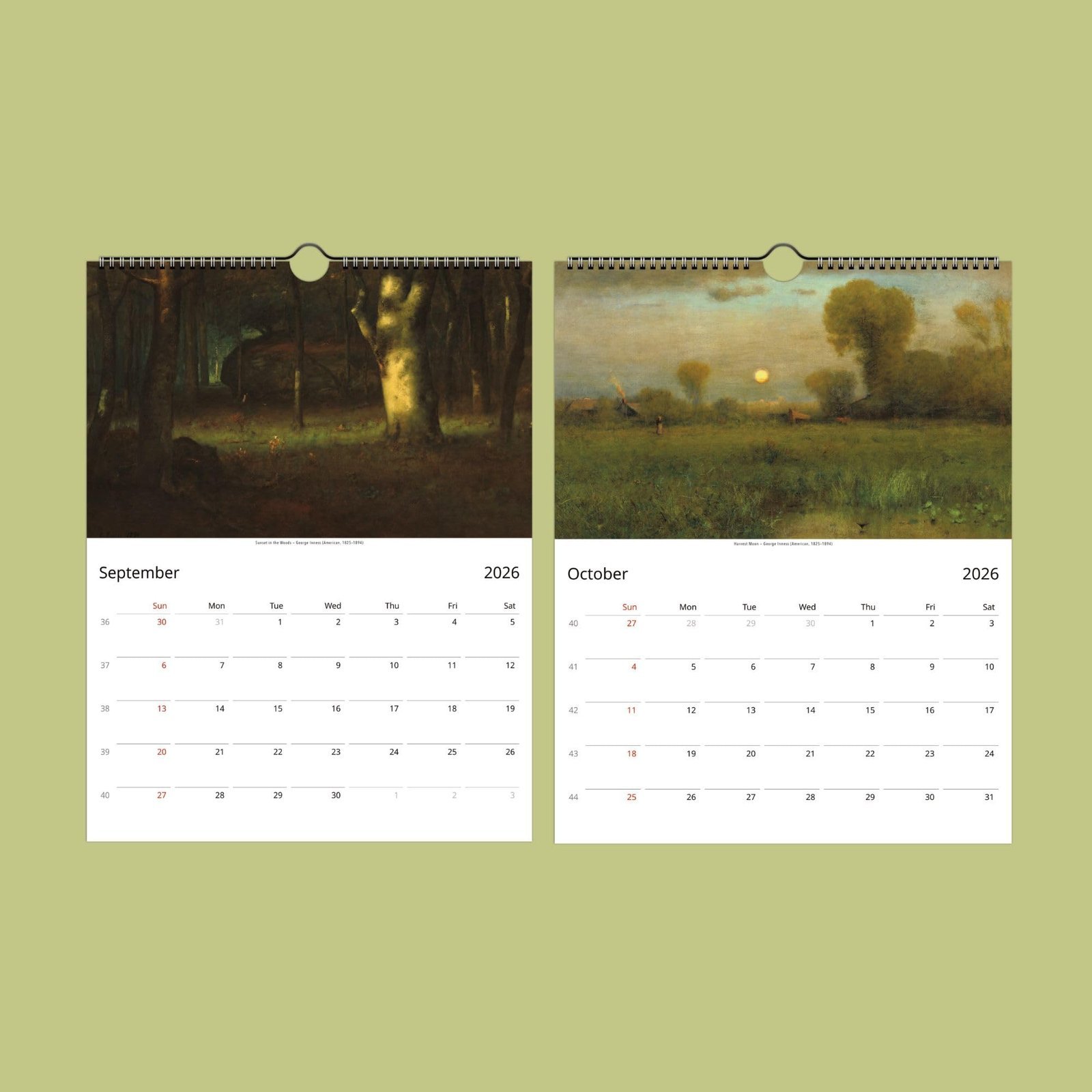 2026 calendar pages with paintings for September and October.