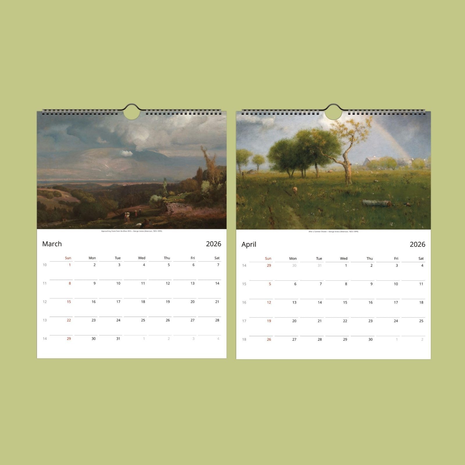 2026 March-April calendar with landscape paintings