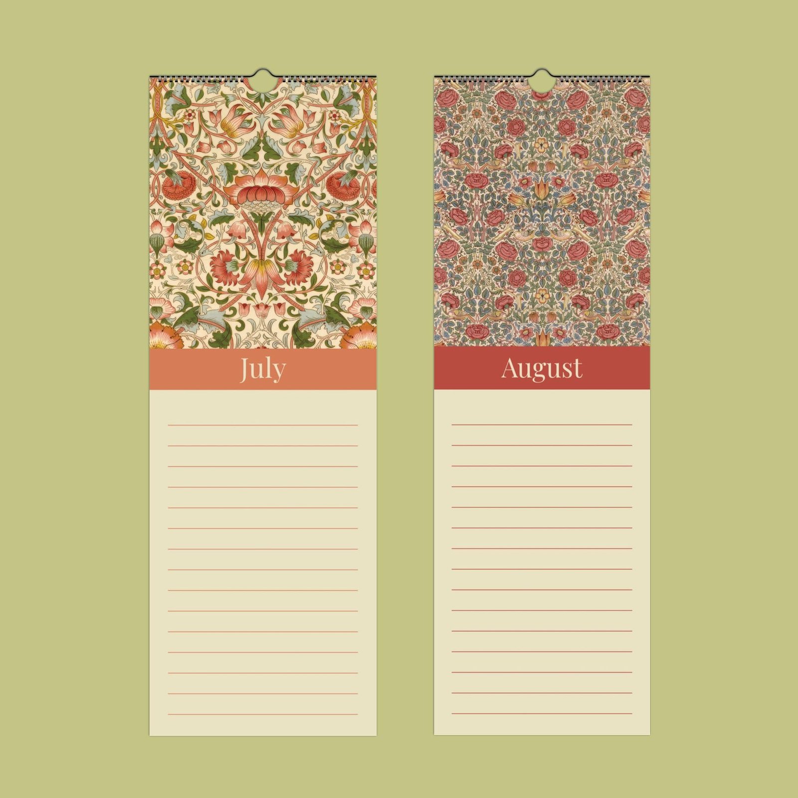 Decorative floral calendars for July and August.