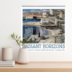 Calendar on desk with coastal artwork.