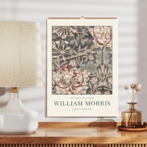 William Morris 2026 calendar on wooden shelf