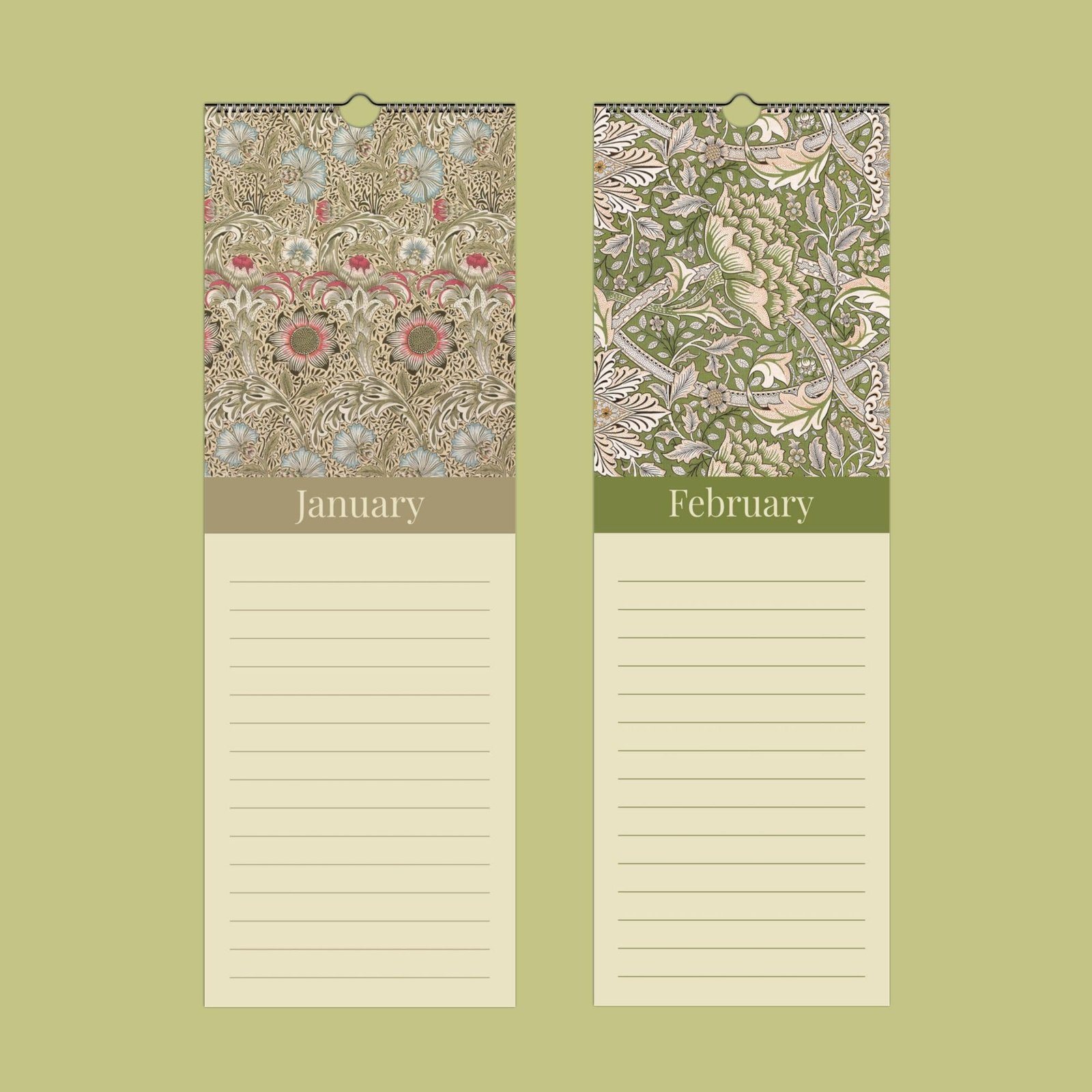 Decorative January February calendar pages with floral designs.