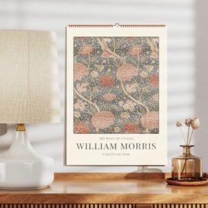 William Morris 2026 floral calendar on wooden shelf.