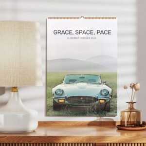 Vintage car calendar on a wooden shelf