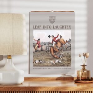 Humorous equestrian calendar hangs on a wall.