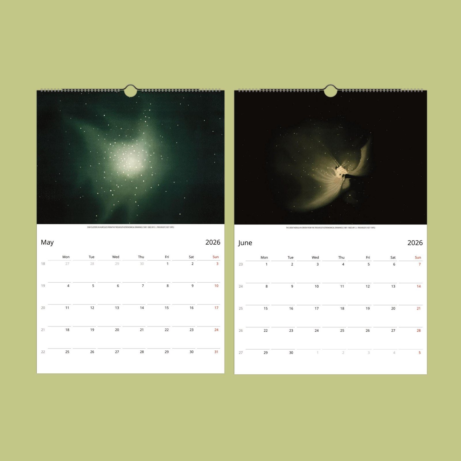 2026 May and June calendar pages with space images.