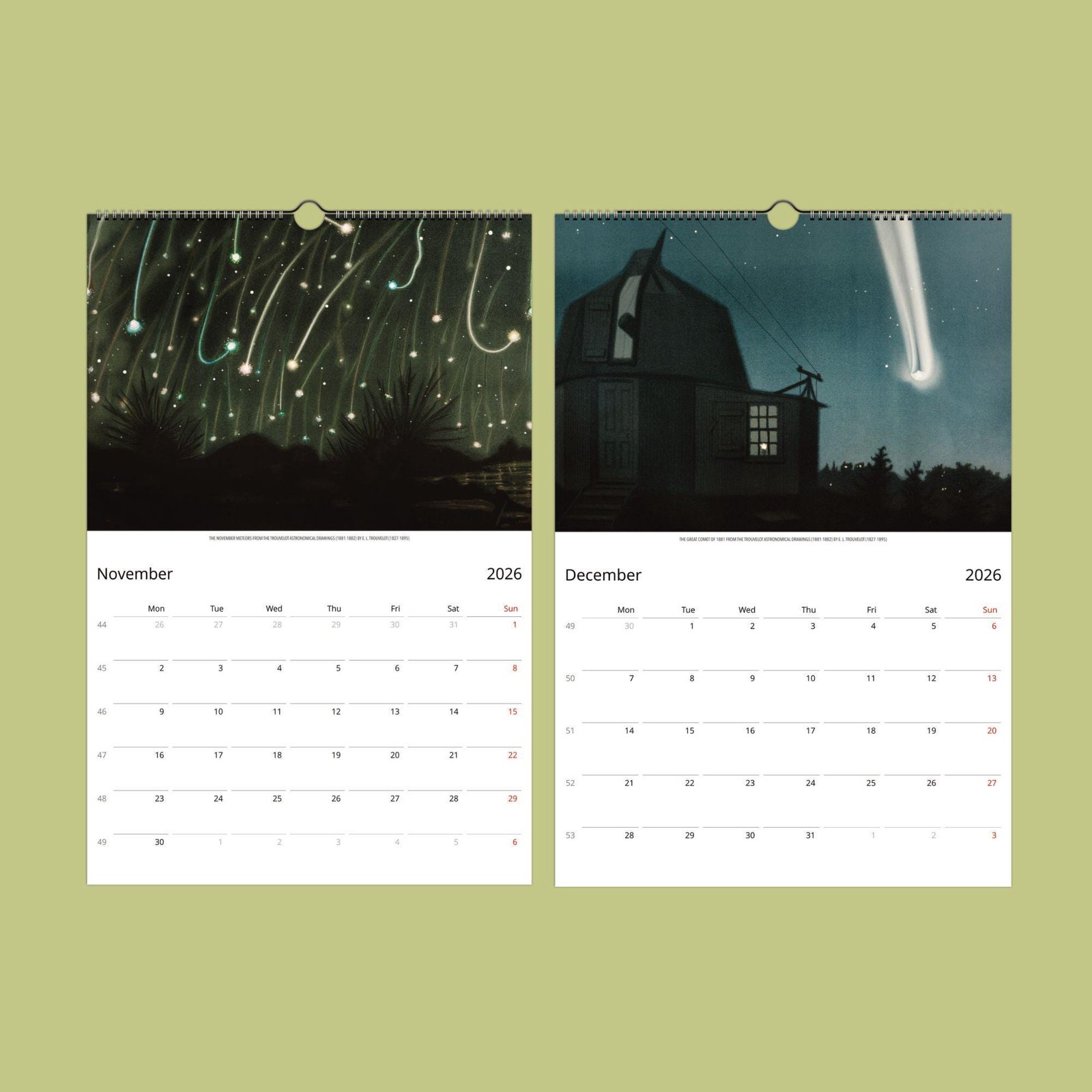 Calendar showing November and December 2026 with astronomy images.