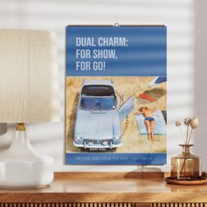Vintage car poster on wall beside lamp.