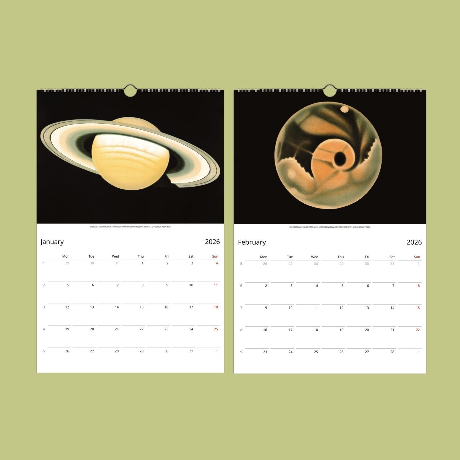2026 calendar with Saturn and planet illustrations.