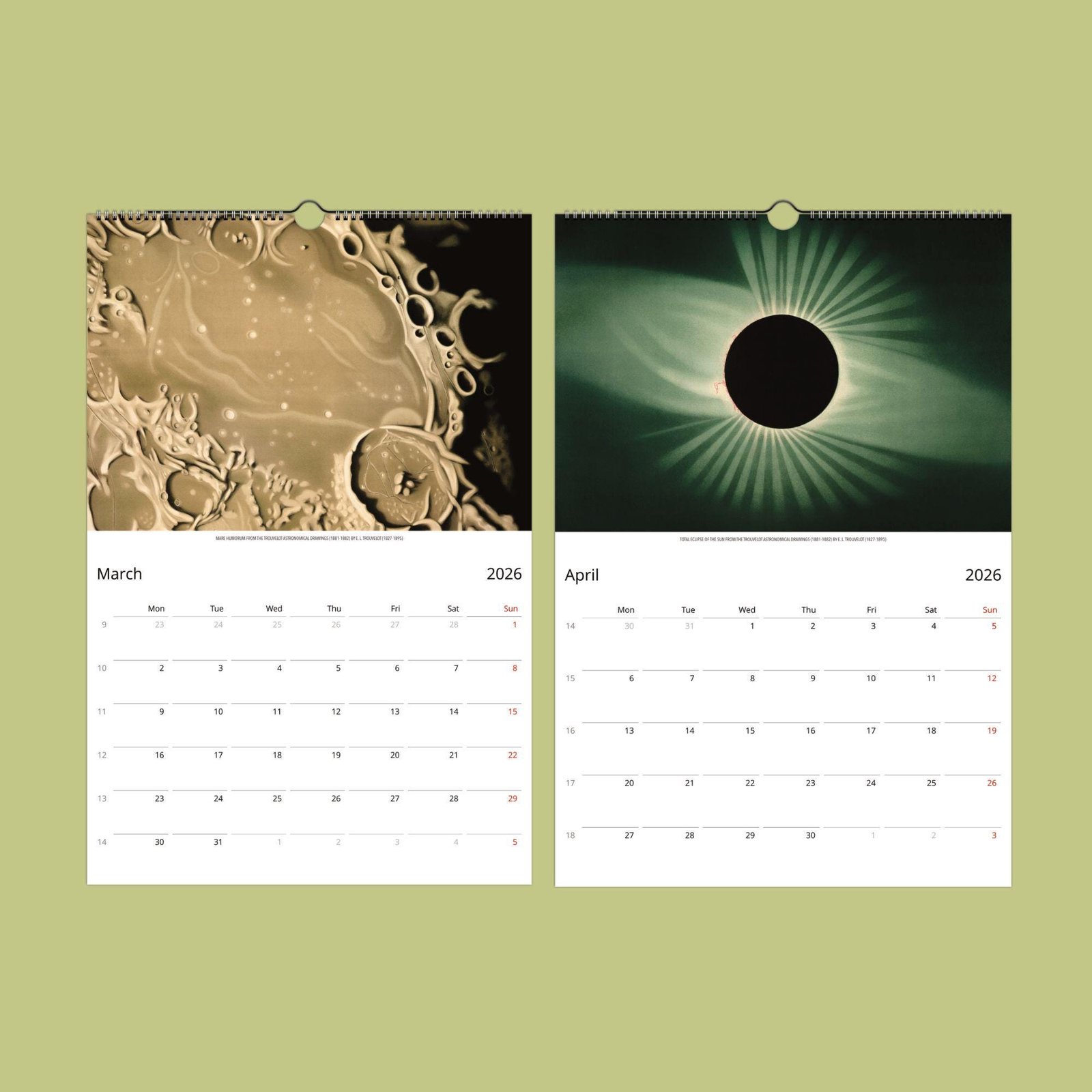 2026 calendar with lunar designs for March and April.