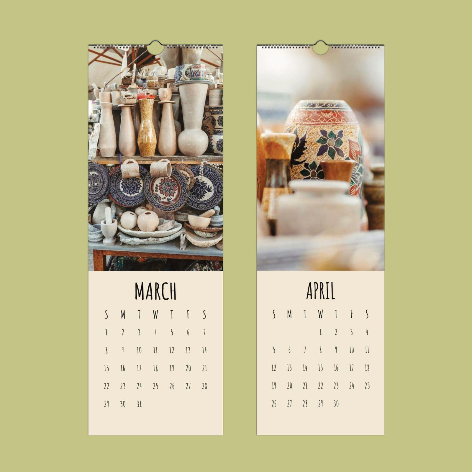 March and April calendar with ceramic pottery design.