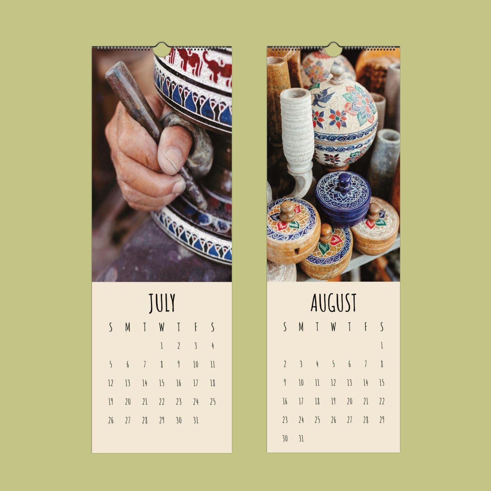 Artisan handcrafting and decorative pottery, July and August calendar.