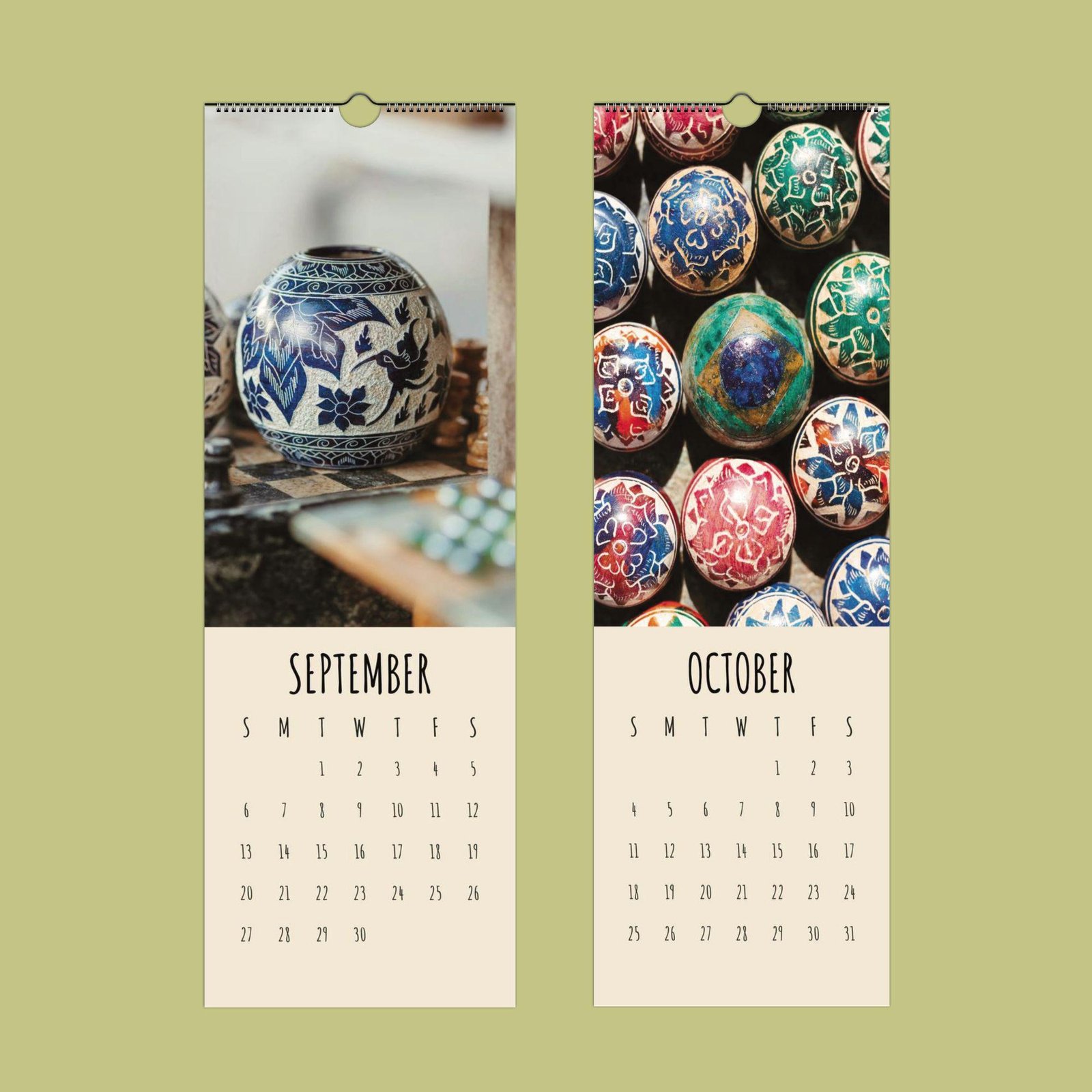 Decorative pottery-themed calendar pages for September and October.