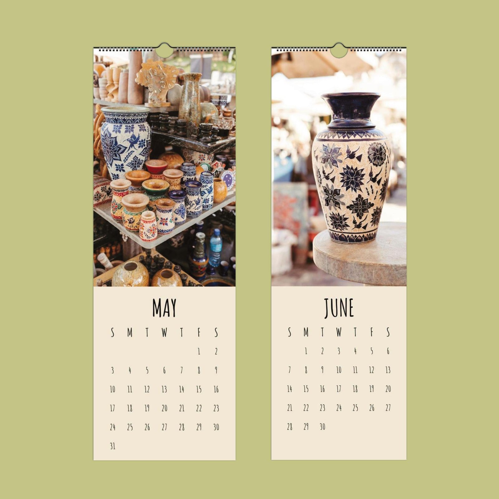 Decorative ceramic vases on May and June calendars.