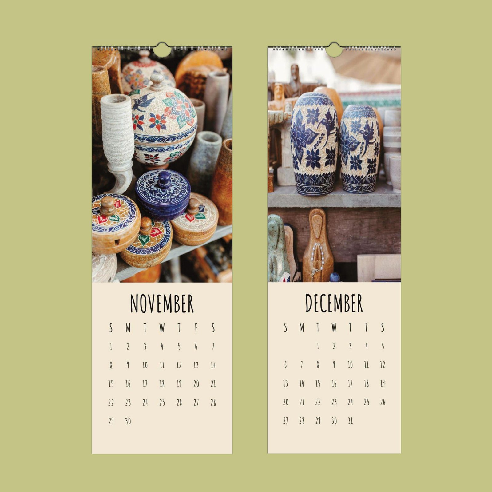 November and December calendar with pottery images.