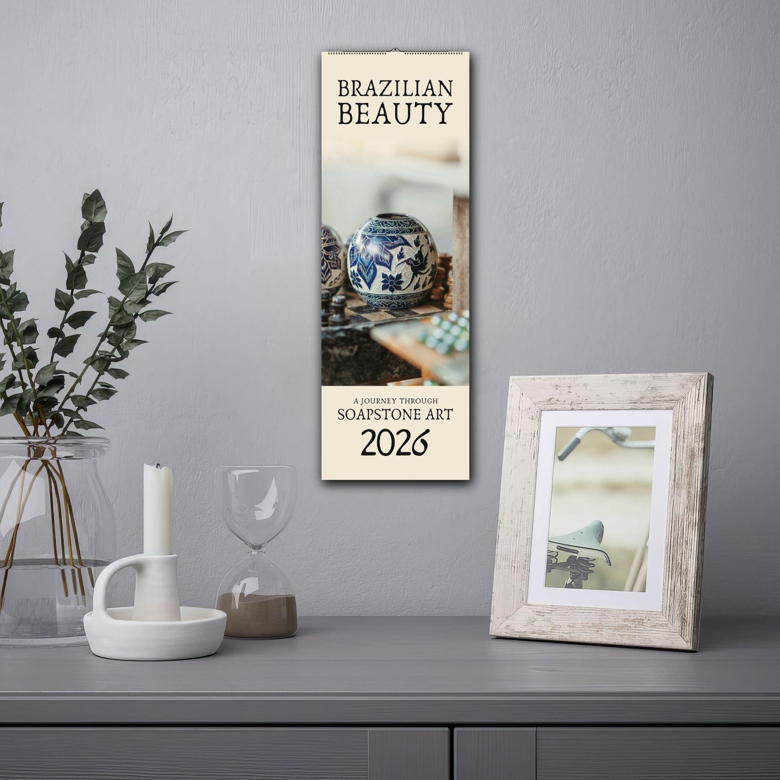 Brazilian soapstone art displayed on wall calendar 2026.