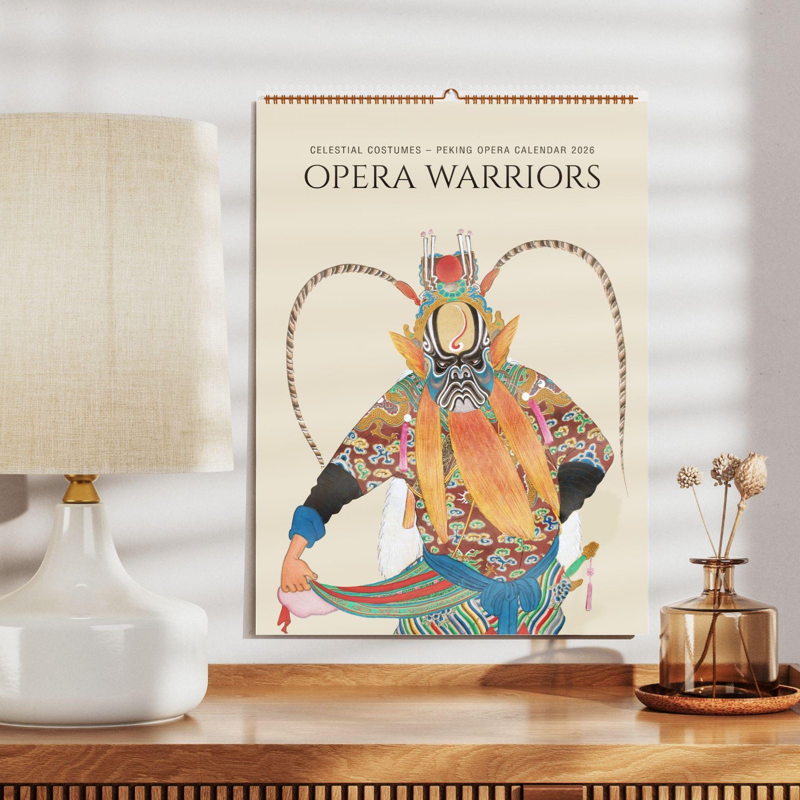 Peking Opera calendar, Opera Warriors on a wall.