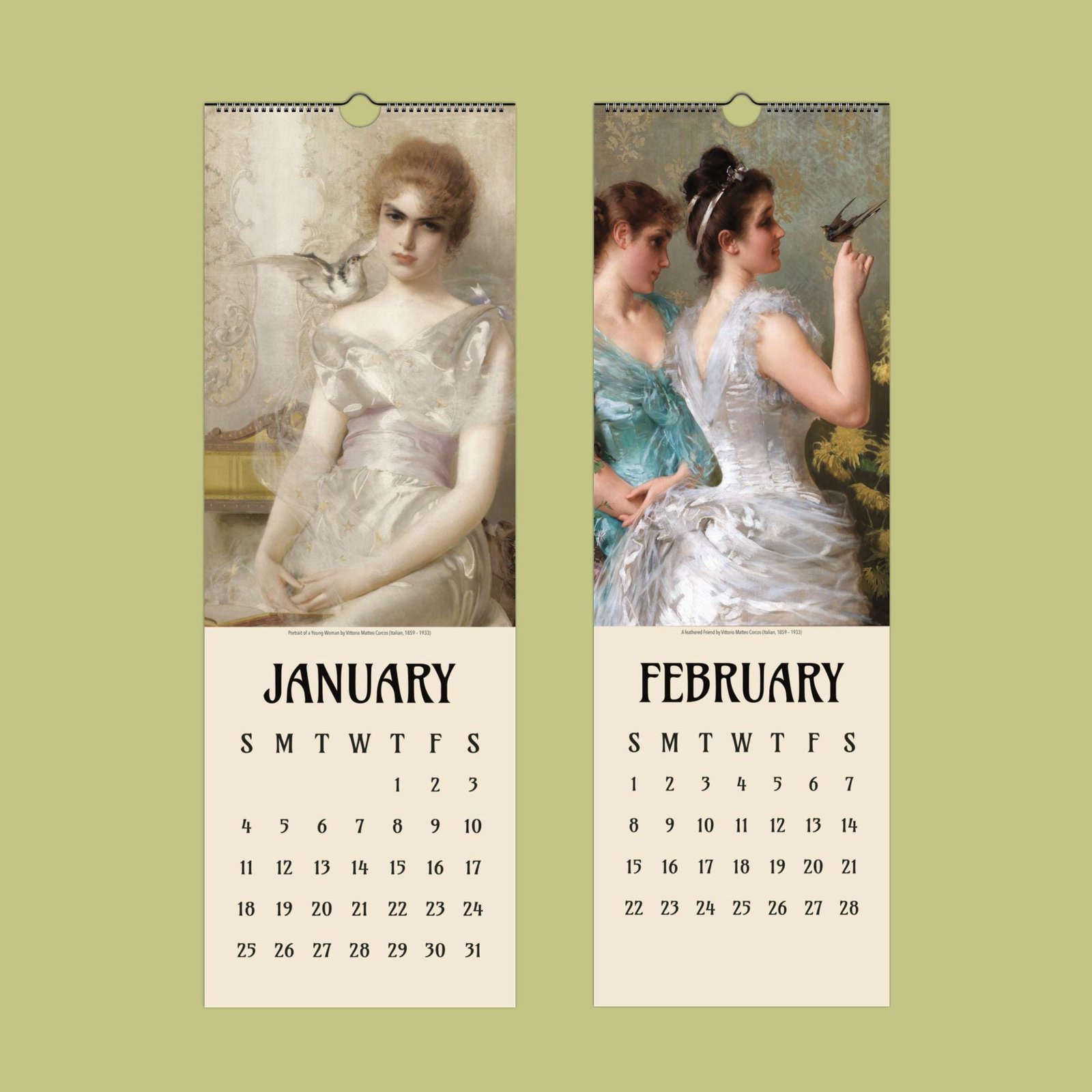 Vintage calendar with January and February art.