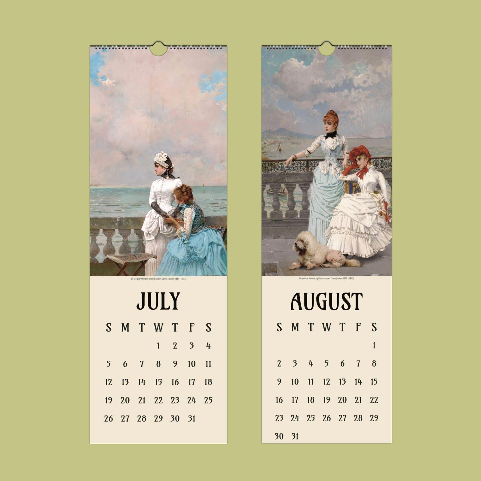 Historical art-inspired calendar for July and August.