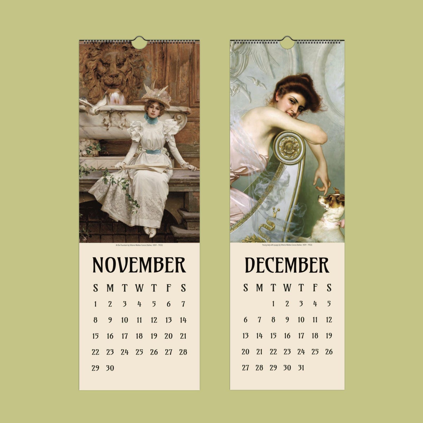 Vintage art calendar pages for November and December.