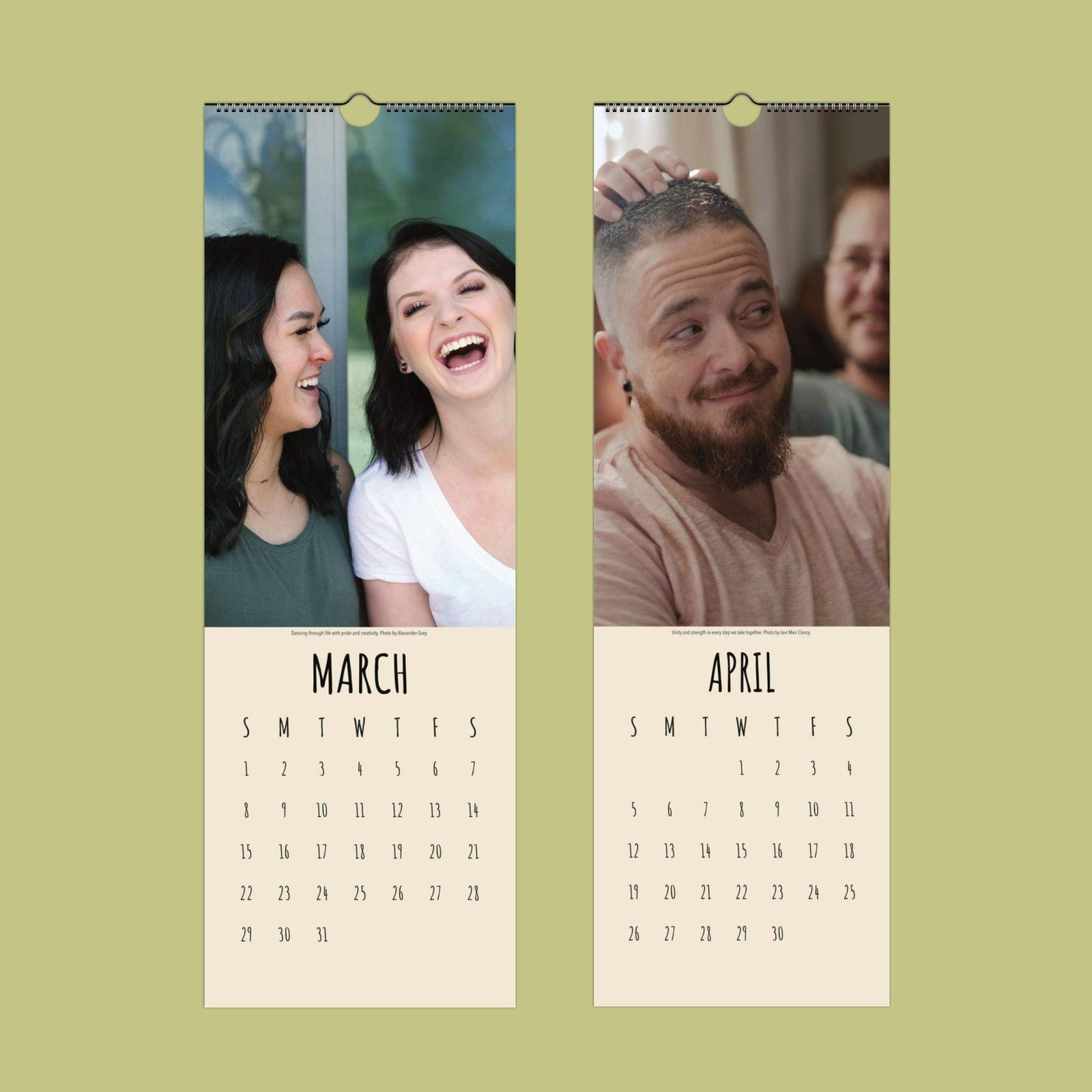 March and April calendar pages with people laughing.