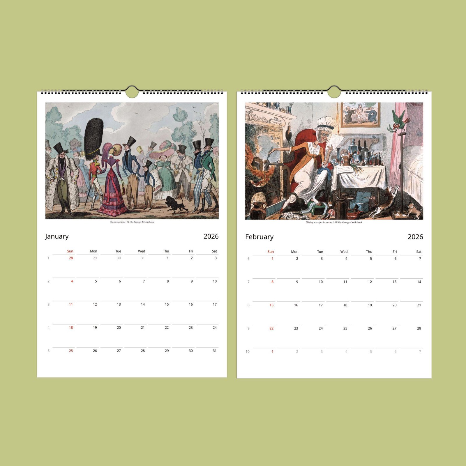 Vintage 2026 wall calendar with illustrations.