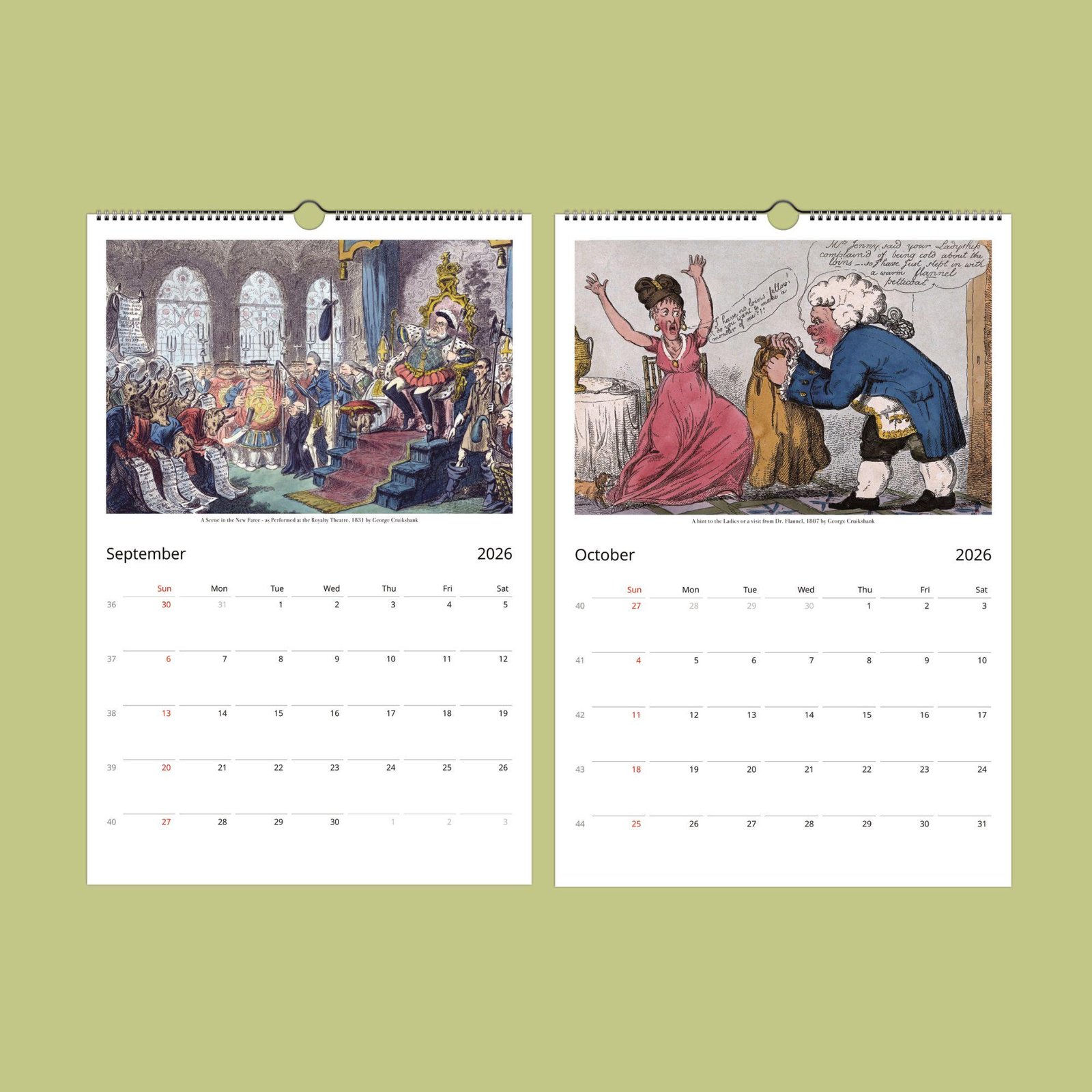 2026 calendar with historical illustrations, September and October